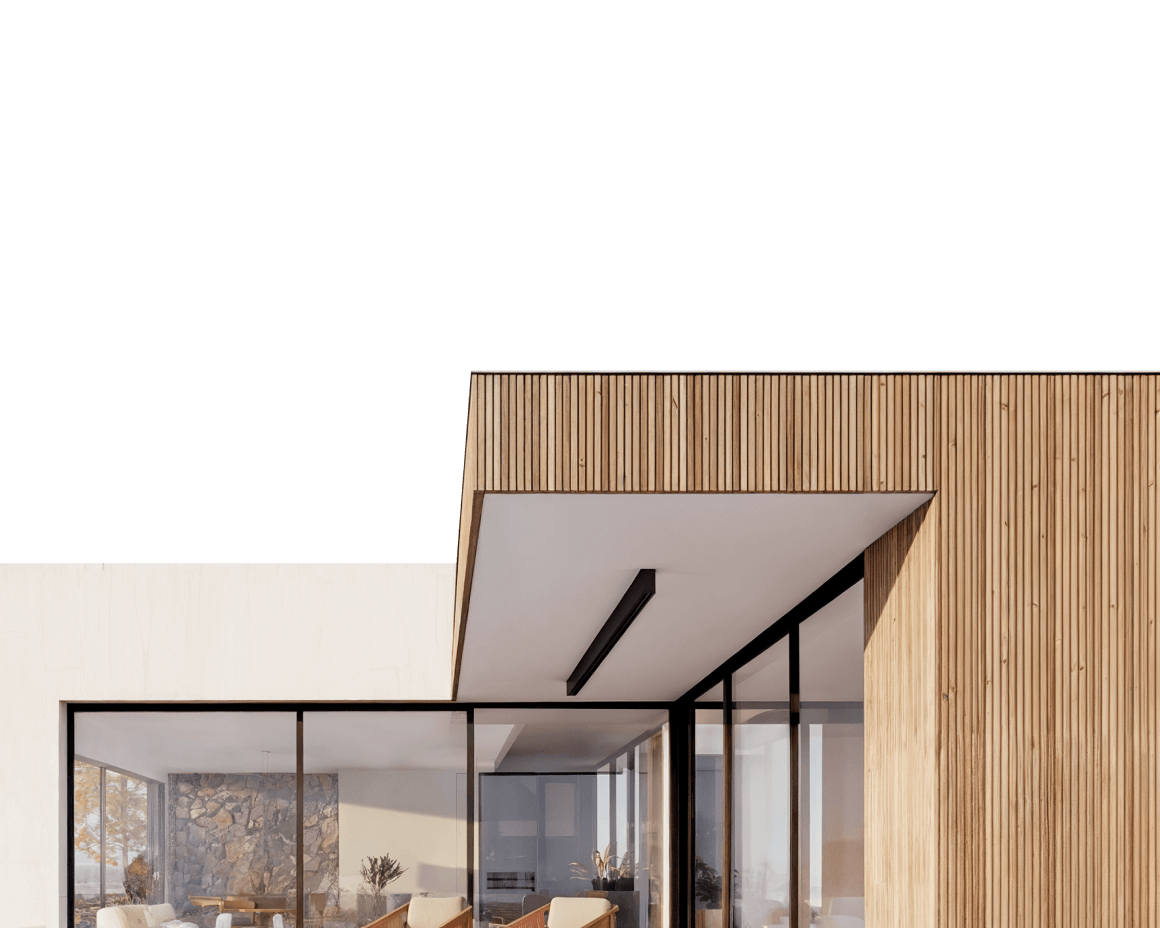 Visualização 3D de casa moderna com fachada de madeira ripada
