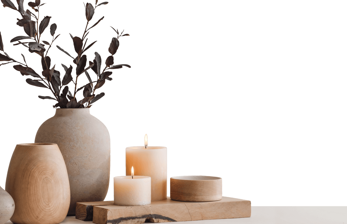 Render 3D de decoração com vasos de cerâmica e velas sobre bancada de madeira