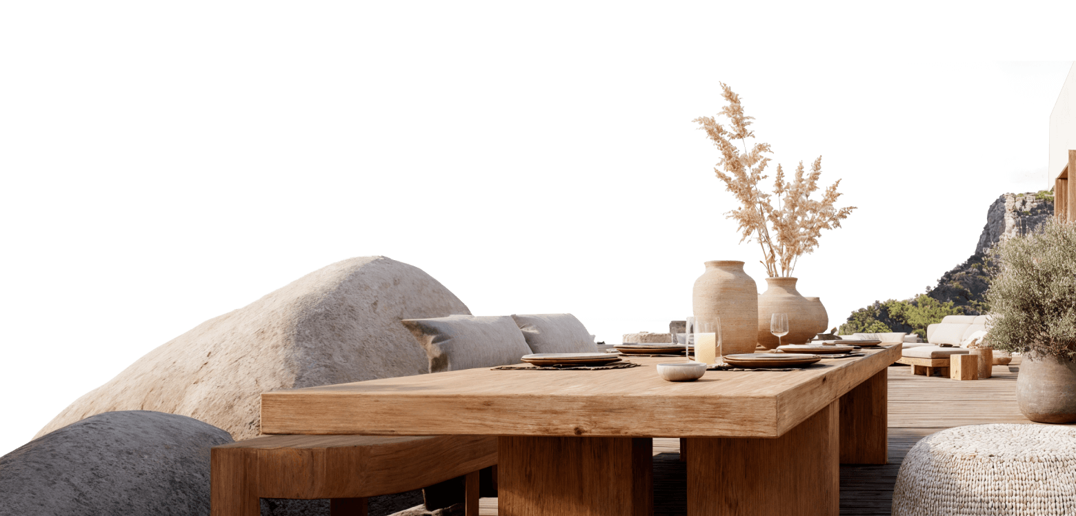 Renderização 3D fotorrealista de ambiente com mesa de jantar em madeira