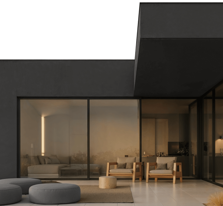Casa moderna iluminada ao anoitecer