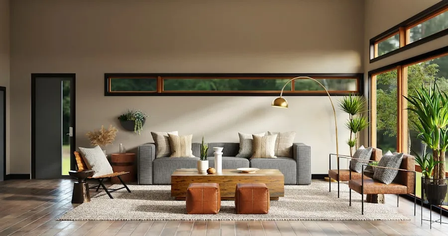 Imagem 3D de interior aconchegante com sofá e parede de madeira
