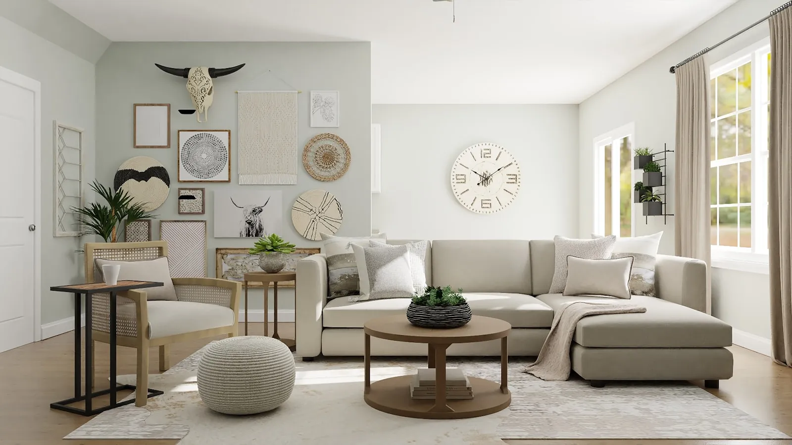 Imagem 3D de sala de estar com sofá e decoração em tons neutros