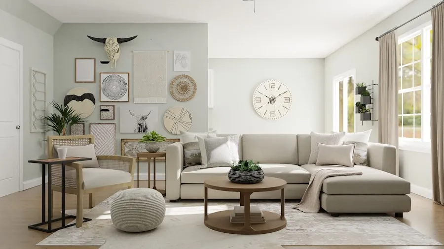Imagem 3D de sala de estar com sofá e decoração em tons neutros