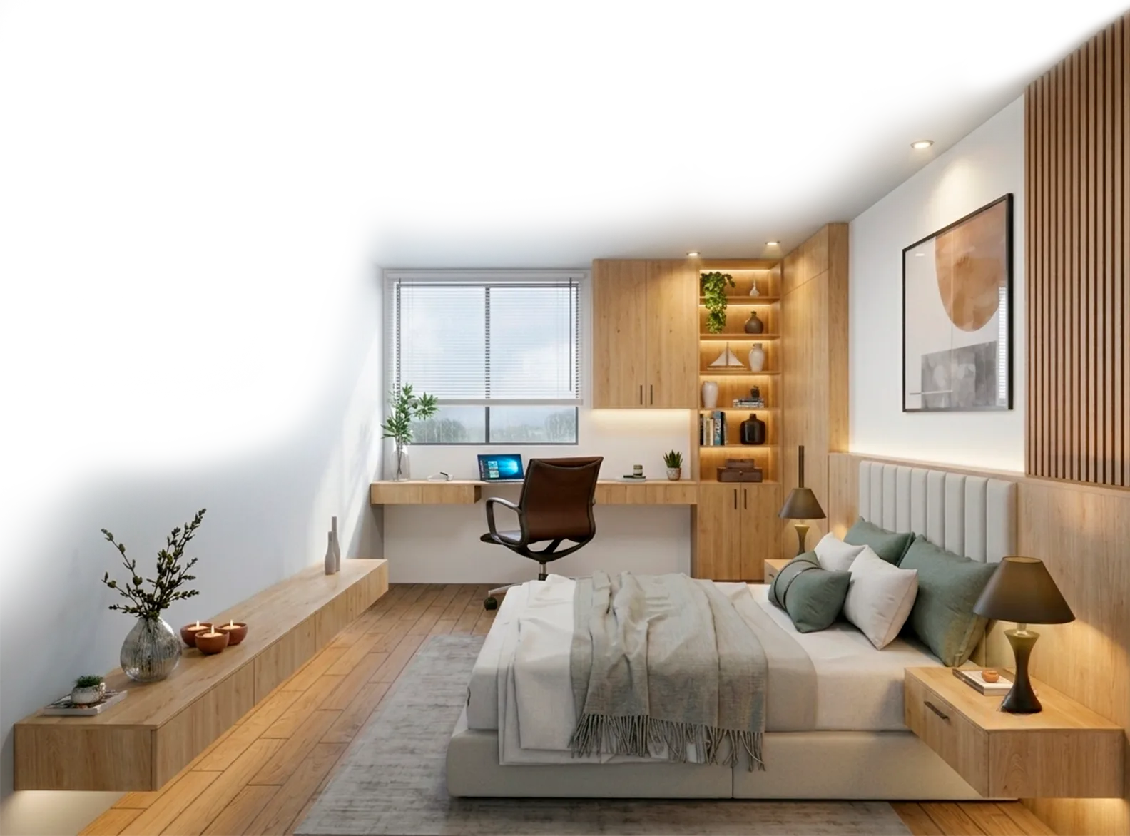 Quarto planejado com marcenaria em madeira, escrivaninha e cabeceira estofada