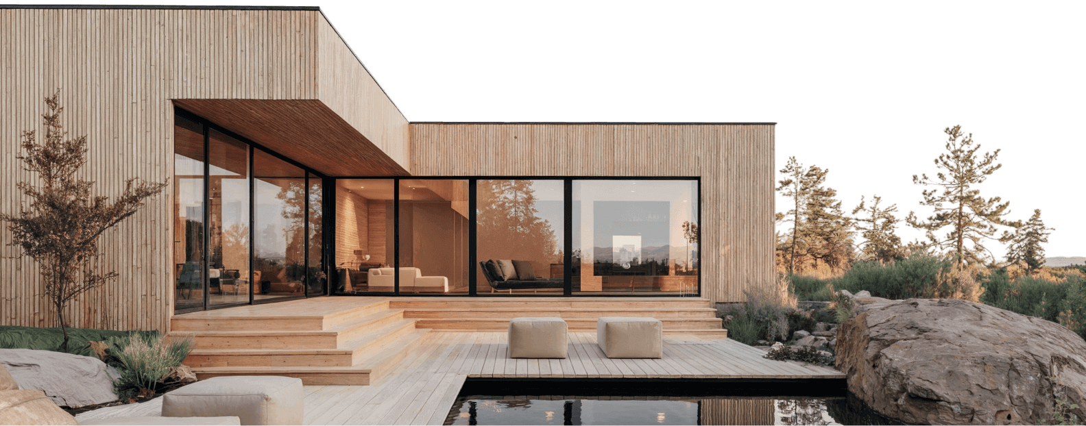 Maquete eletrônica de casa moderna com área externa e piscina