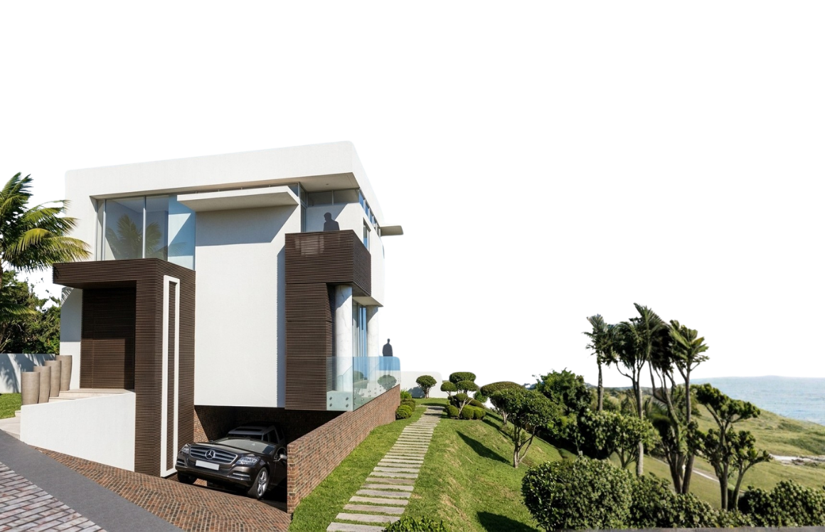 Imagem 3D de fachada de casa moderna com vista para o mar