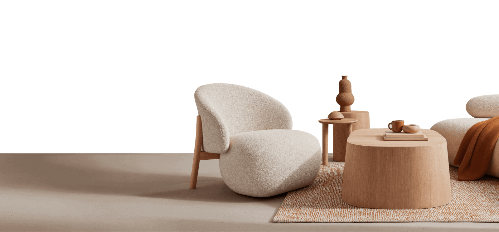 Render 3D de poltrona clara e mesa lateral em ambiente aconchegante