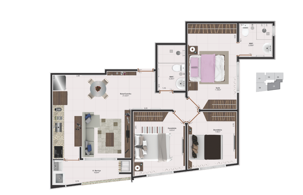 Planta humanizada em vista superior com ambientes decorados